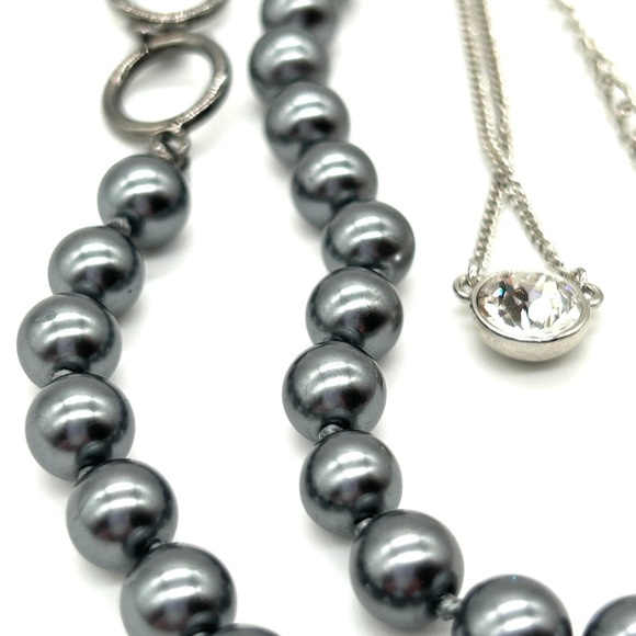 Givenchy Necklace ~Bundle of 2~ Gun Metal Gray Pearls Cubic Zirconia CZ on Chain - Picture 8 of 10